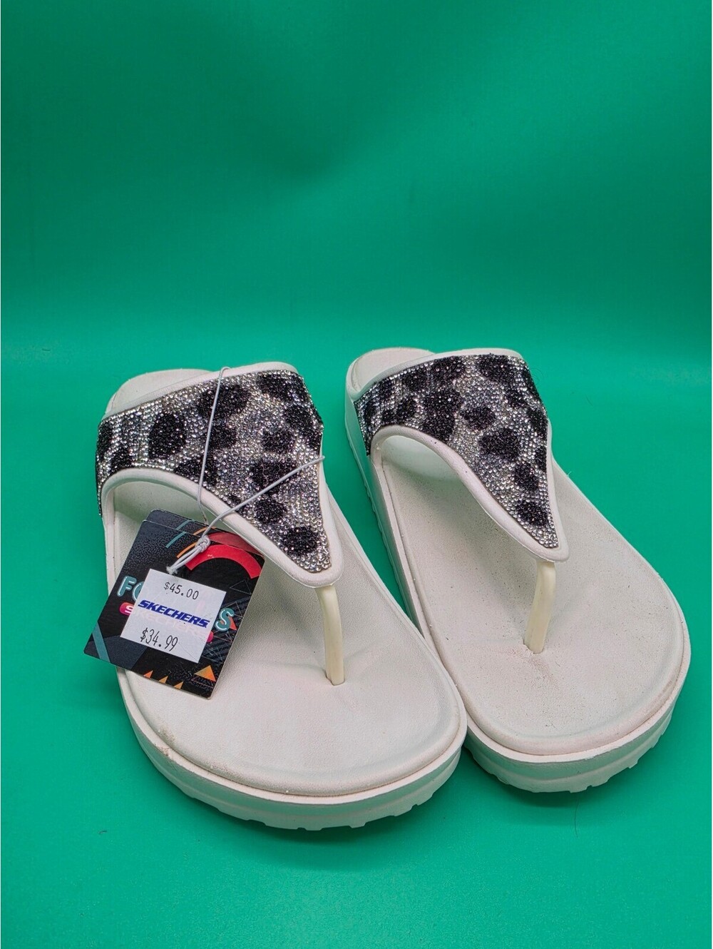 Skechers Luxe Foam Rhinestone Leopard Print Flip Flops White Women's Size 10 - Picture 2 of 6